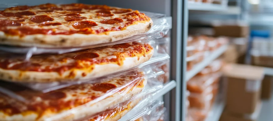 Pizza verpacken in Polyolefin Feinschrumpffolie 