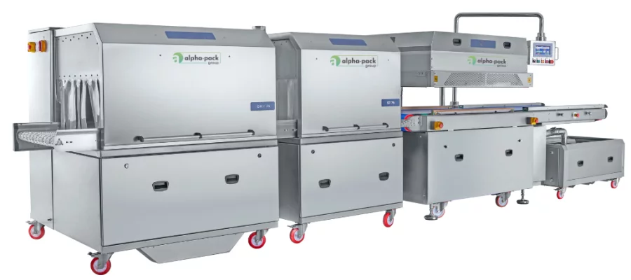 Vakuum-Kammerbandmaschine und Schrumpftunel von alpha-pack GmbH